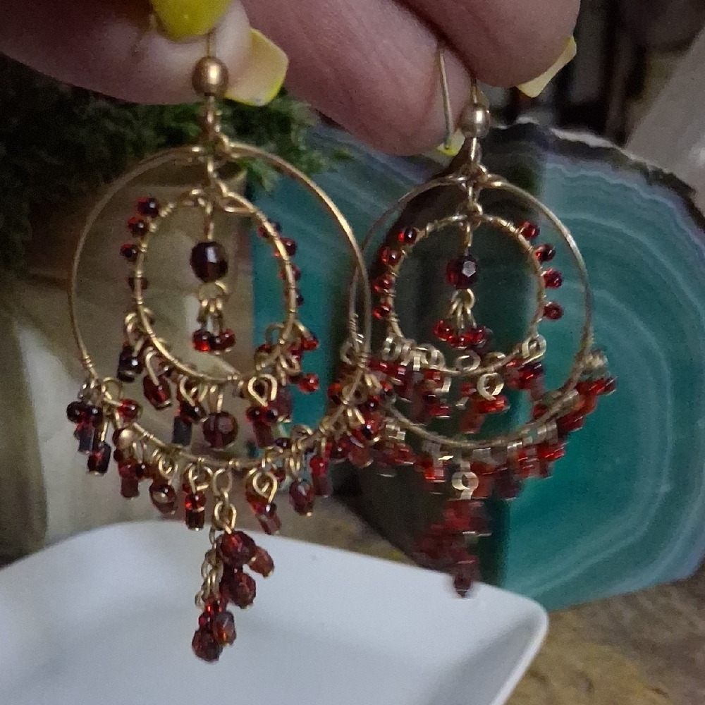 Source Unknown Gold Hoop Earrings with Deep Red Beads